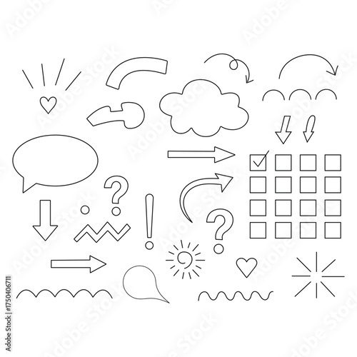 Collection of hand drawn doodle icons and symbols including arrows clouds hearts and question marks for design