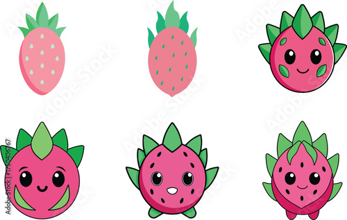dragonfruit kawai style set, cute tropical fruit vector illustration, exotic pitaya cartoon art, adorable fruit character design, pink dragon fruit clipart, smiling fruit icon, sweet summer fruit vect