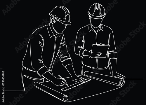 Continuous Line Art of Architects or Engineers Collaborating on Building Plans, Two Construction Professionals Reviewing Blueprints and Designs in Hard Hats.