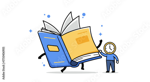Blue book and clock with human figure flat illustration