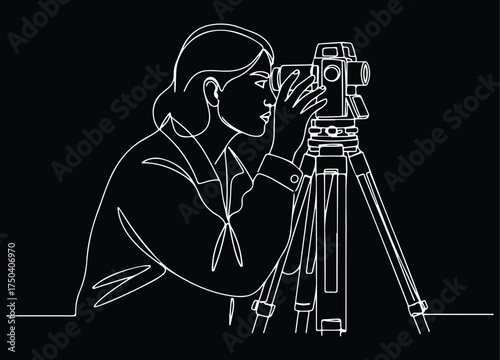Continuous Line Drawing of a Female Surveyor or Engineer Using a Total Station or Theodolite for Land Measuremen