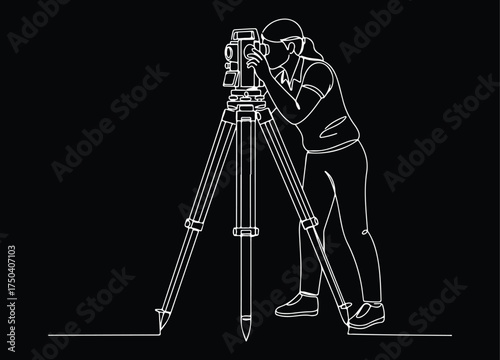 Continuous line drawing of a land surveyor or engineer operating a theodolite or total station on a tripod, symbolizing precision measurement, land mapping, and construction site work