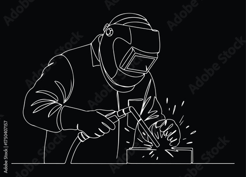 Continuous line drawing of a welder, industrial worker in safety gear performing metalwork with sparks, symbolizing craftsmanship and skilled labor.