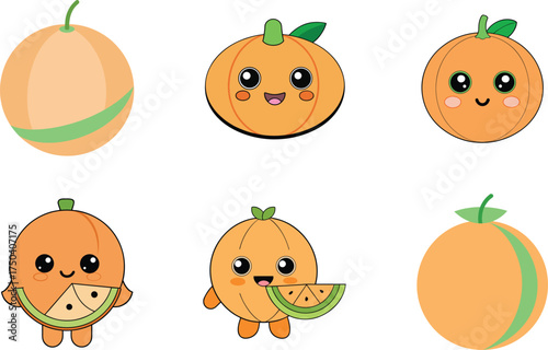 cantaloupe kawai style set, cute melon fruit vector illustration, adorable fruit character design, sweet tropical fruit art, smiling cantaloupe cartoon, summer fruit clipart, juicy melon vector, kawai