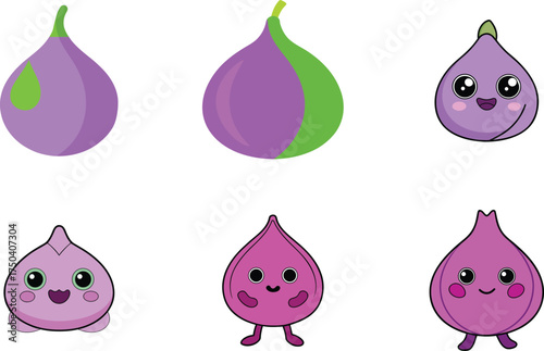 fig fruit kawai style set, cute tropical fruit vector illustration, adorable fig cartoon art, sweet purple fruit design, smiling fig character, exotic fruit clipart, kawai food drawing, summer fruit 