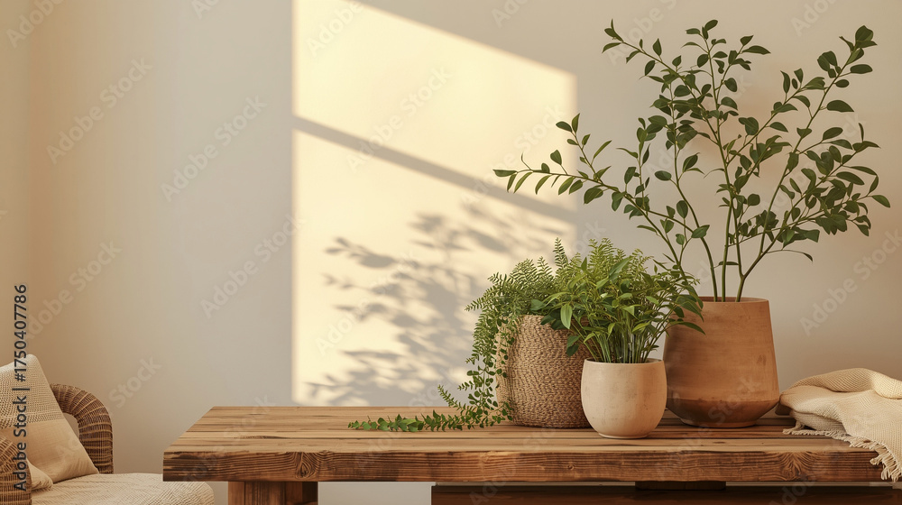 Fototapeta premium Modern Living Space with Botanical Styling: Golden Hour Sunlight Creating Dramatic Plant Shadows on Cream Walls Behind Rustic Wooden Table with Fresh Green Potted Plants