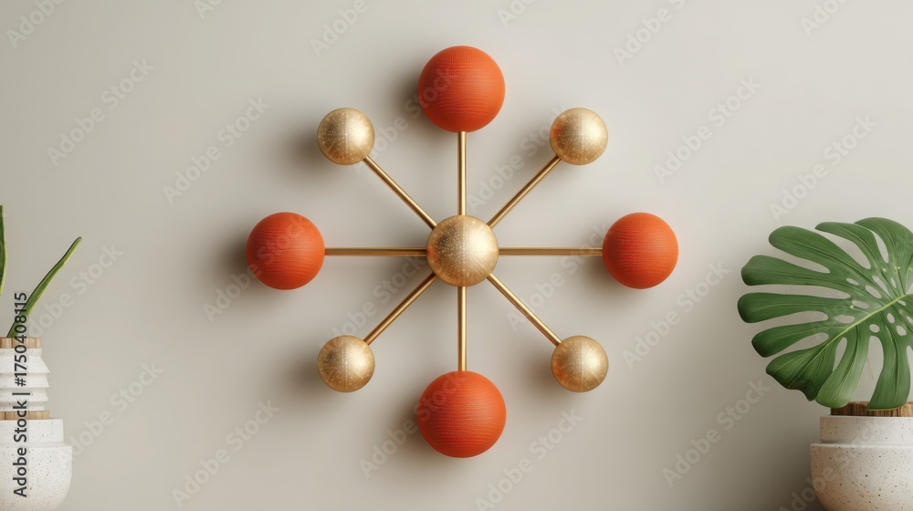 Obraz premium Stylish wall clock featuring orange balls as markers representing time and growth in a unique artistic design concept