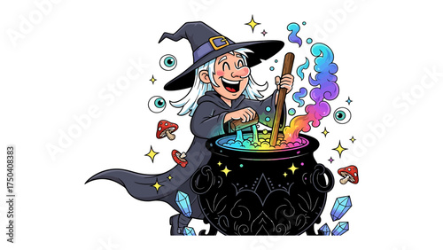Happy cartoon witch stirring a cauldron with rainbow potion vector illustration for Halloween or fantasy themed designs isolated on white background
