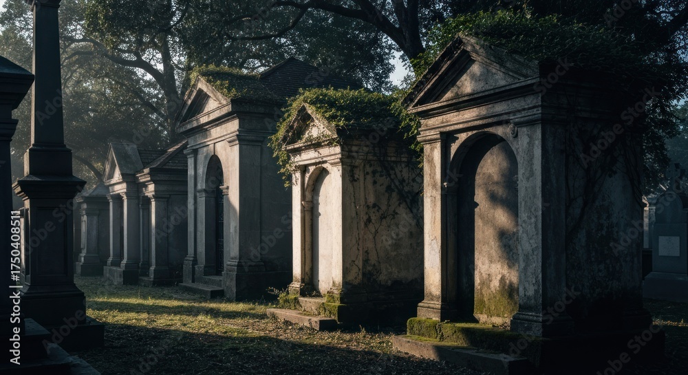 Naklejka premium Stone crypts in an old cemetery with overgrown vegetation, bathed in morning mist