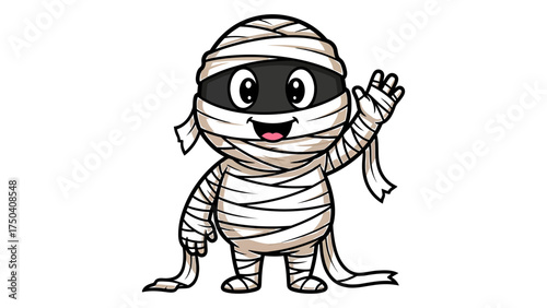 Cartoon mummy waving cute character wrapped in bandages vector illustration for Halloween designs and childrens books
