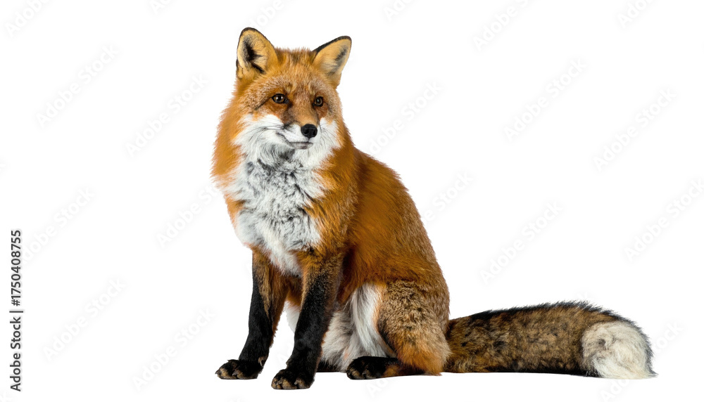 Fototapeta premium A seated fox, with reddish fur and a bushy tail, sits against a black background