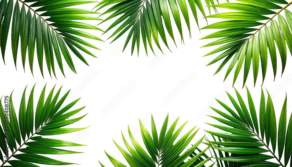 Fototapeta premium Vivid green palm fronds framing a blank black space. Tropical, natural design