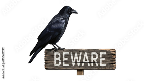 Black raven perched on a rustic wooden beware sign isolated on white creating a spooky Halloween or gothic themed image