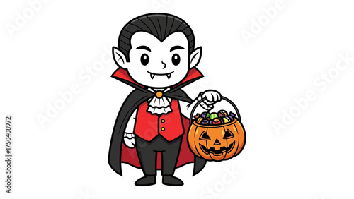 Cute cartoon vampire illustration holding a pumpkin basket full of candies vector design for Halloween celebration isolated on white background