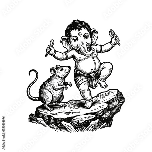 Ganesha and Mouse Deity Illustration on Rock