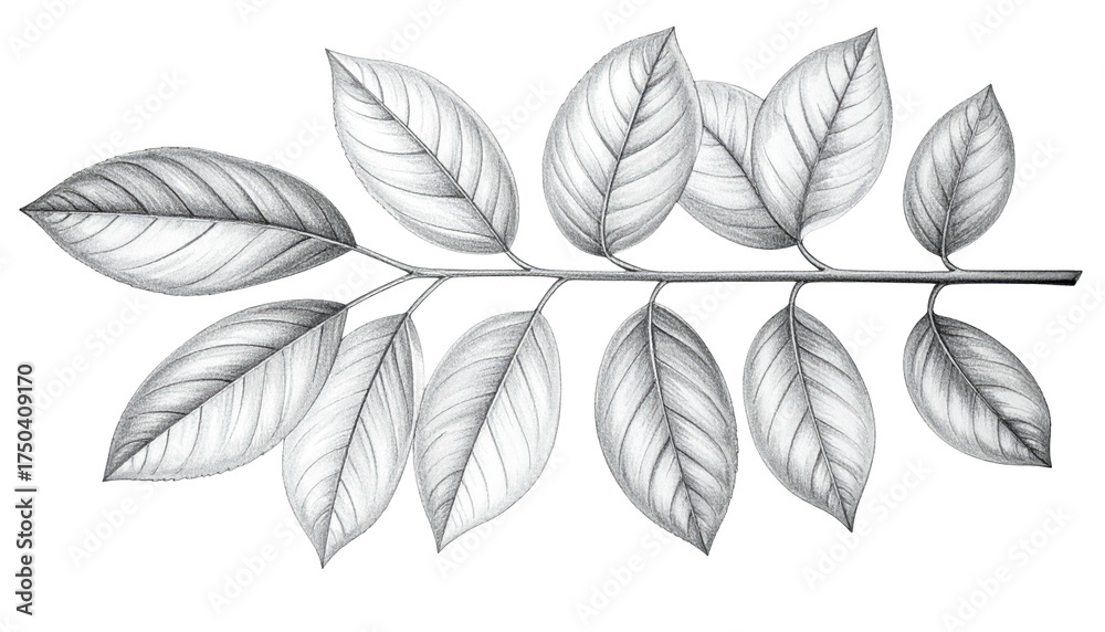 Obraz premium Branch with detailed pencil-sketch leaves, grayscale with black background