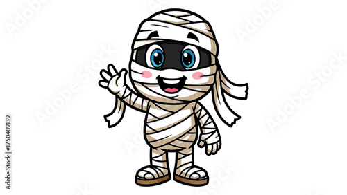 Cartoon mummy waving hand cute vector illustration for Halloween isolated on white background