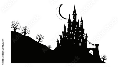 Silhouette of a spooky castle on a hill under a crescent moon vector illustration for Halloween isolated on white background