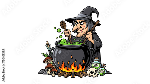 Cartoon witch stirring a bubbling cauldron surrounded by potion bottles and mushrooms vector illustration for Halloween designs