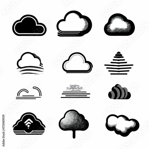 Collection of Cloud Icons Diverse Styles, Including Wi-Fi, Abstract, and Natural Elements