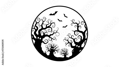 Spooky Halloween vector illustration featuring creepy trees and bats in silhouette perfect for holiday designs and themed graphics