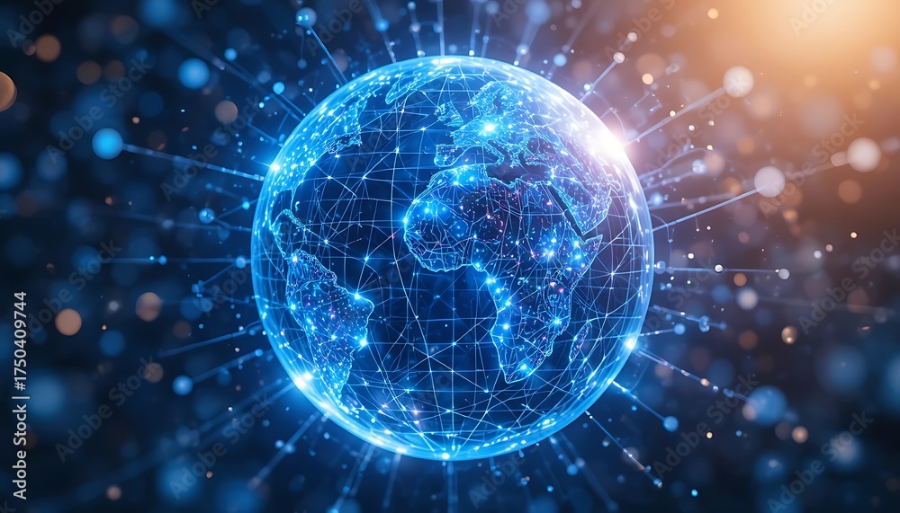 Obraz premium Digital Glowing Earth Network, Global Connectivity and Technology Concept