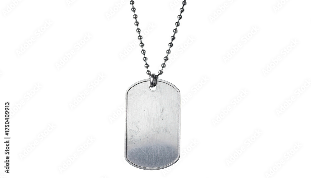 Fototapeta premium Shiny, empty identification tag hanging from a thin, metallic ball chain on black