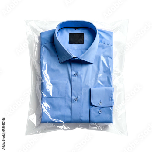 A light blue, folded dress shirt sealed in a transparent plastic bag against a white background