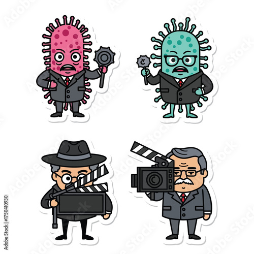 Four cartoon characters, two germs in suits with microphones, and two film directors with movie equipment.