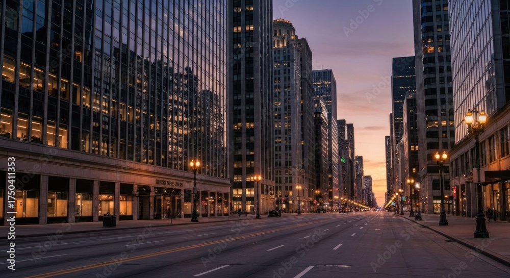 Fototapeta premium Urban cityscape at dusk, empty street flanked by tall buildings, illuminated by streetlights