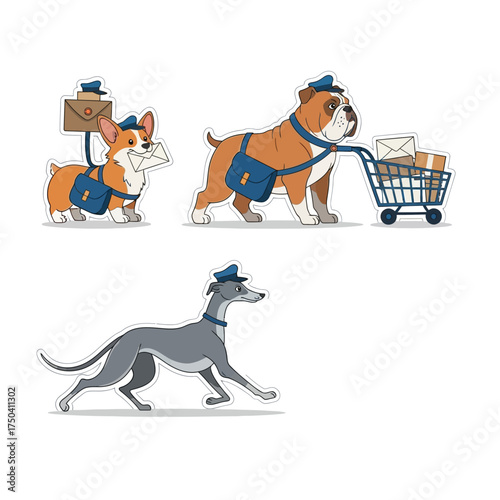 Cartoon illustration of three dogs, each depicted as postal workers delivering mail.