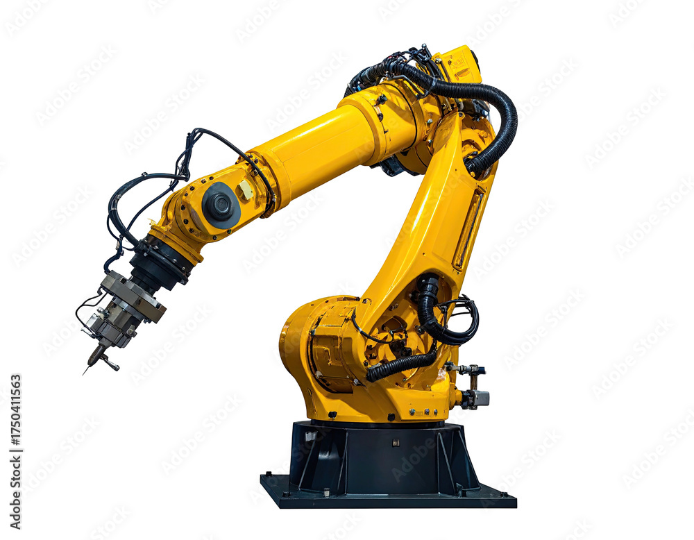 Fototapeta premium Bright yellow industrial robotic arm with multiple joints and a complex end-effector