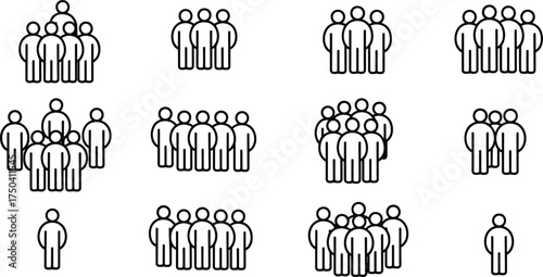 Minimal line art illustration of diverse groups of people icons representing teamwork, community, social connection, unity, and organization concept