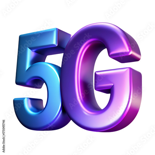Futuristic 5g technology logo glowing with blue and purple neon light effects isolated on transparent background