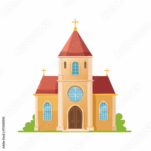 Illustration of a Charming Church with Crosses and a Rounded Window