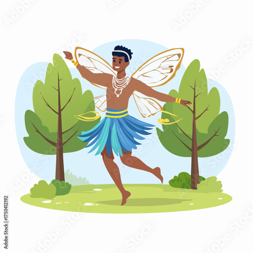 A Dancing Man with Wings in a Vibrant Nature Scene