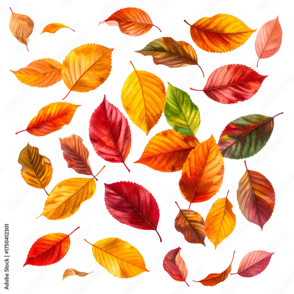 Obraz premium Scattered, vibrant autumn leaves in varying hues of red, orange, and yellow against black