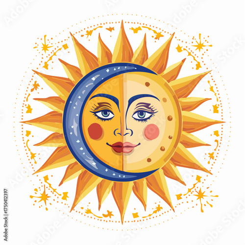 Celestial Harmony Whimsical Sun and Moon Face Design