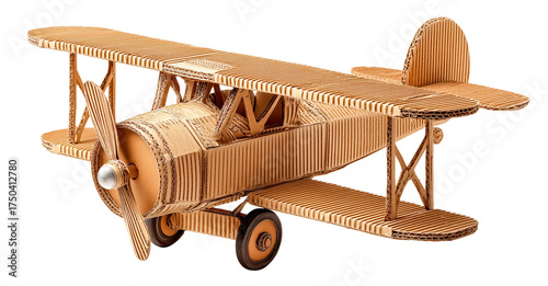 Cardboard airplane corrugated craft handmade model toy plane DIY project vintage biplane eco friendly recycled material propeller childhood imagination. Playful cardboard airplane biplane model