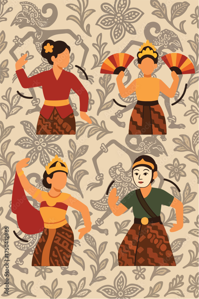 Obraz premium Flat icons celebrating Indonesia Menari festival traditional dance, costumes, cultural motifs.