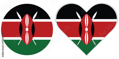 Kenya flag in circle and heart shapes vector illustration for national pride and patriotic themes isolated on white background