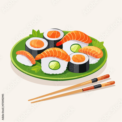 A vibrant illustration depicting a traditional Japanese dining experience with a colorful assortment of sushi, nigiri, and maki rolls on a plate, symbolizing fresh seafood and culinary art