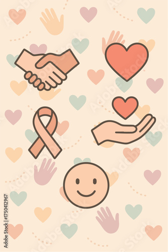 Flat icons representing compassion, kindness and support, ideal for World Kindness Day themes.