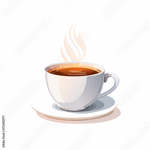 A freshly brewed cup of hot coffee with steam rising, served in a classic white porcelain cup and saucer. This vector art illustration is isolated on a clean white background