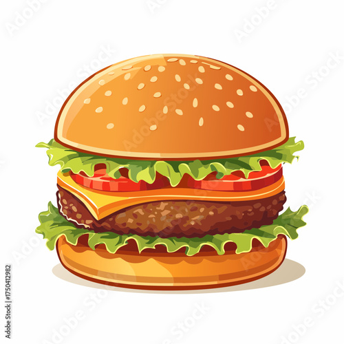 A delicious classic cheeseburger with a beef patty, fresh lettuce, tomato, and cheese on a sesame seed bun, presented as a cartoon-style fast food vector illustration isolated on a white background