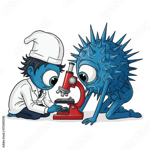 Cartoon scientist examines a virus under a microscope, while the virus looks on with wide eyes.