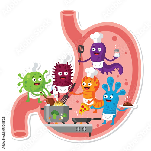 Cartoon microbes wearing chef hats are cooking food inside a human stomach.