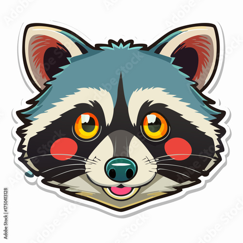 A charming and cute cartoon raccoon head sticker. This friendly animal mascot features big, colorful eyes and a stylized design, isolated on a white background