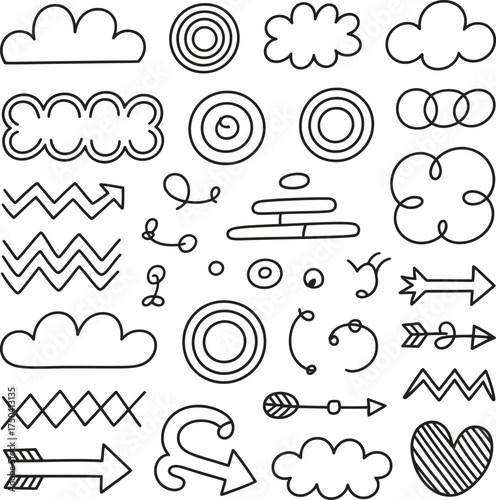 Hand-drawn doodle elements collection clouds arrows hearts circles and abstract shapes isolated on white