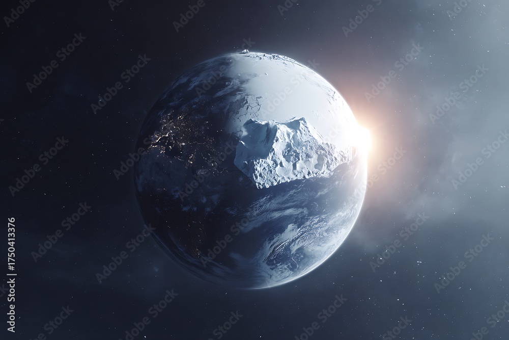 Fototapeta premium A breathtaking view of a frozen planet, its icy surface gleaming under the distant sun, set against a backdrop of twinkling stars and cosmic dust, evokes a sense of awe and wonder